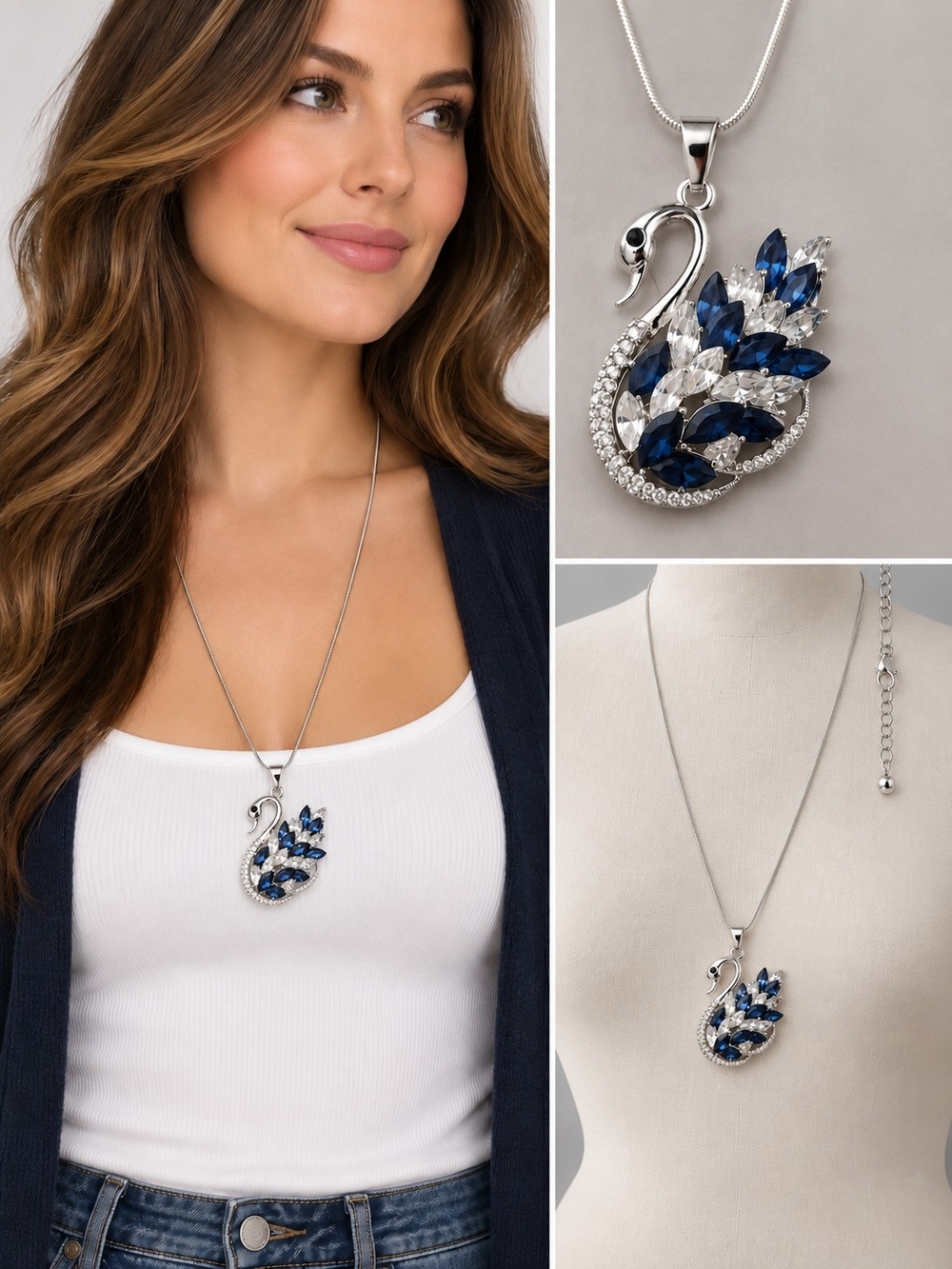 Silver Swan Pendant Necklace with Blue and Clear Stones